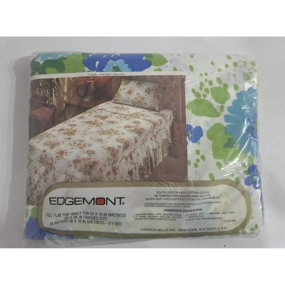 Edgemont Blue Green Floral Full Flat Top Sheet NOS